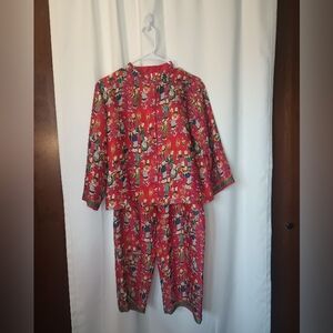 Josie Natori Womens Geisha Tea Garden Satin Pajama Set XS Button Capri Asian